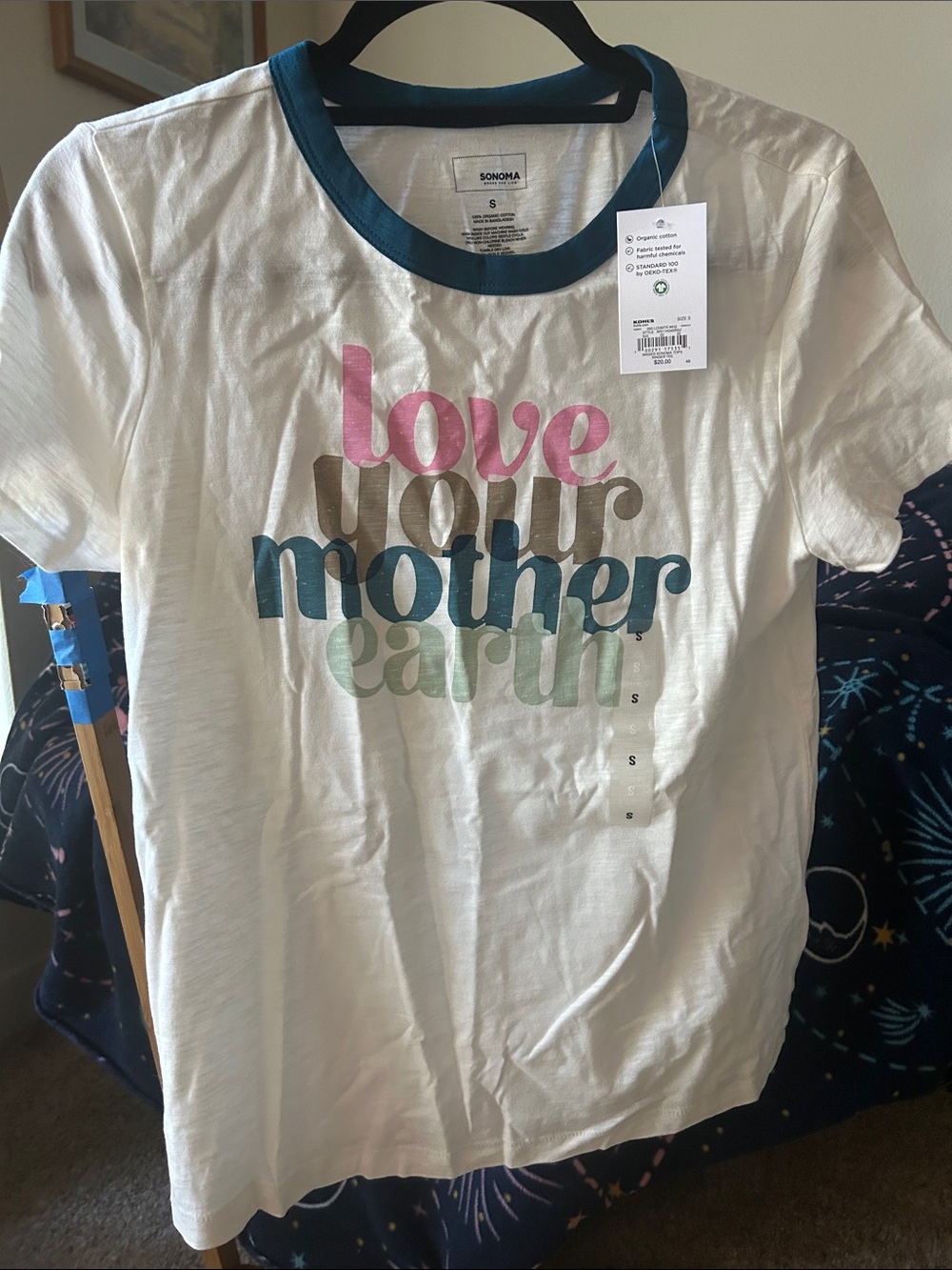 Sonoma White Tee with Teal Trim and Multicolor 'Love Your Mother Earth' Graphic